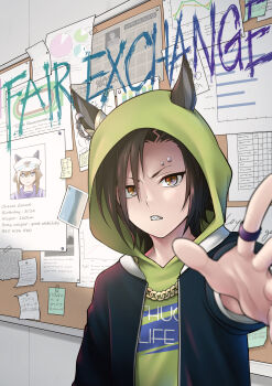 Rule 34 | 1girl, air shakur (umamusume), animal ears, black hair, black jacket, brown eyes, bulletin board, character name, cheval grand (umamusume), commentary request, ears through headwear, english text, eyebrow piercing, face piercing, green hoodie, hair over one eye, highres, hood, hood up, hoodie, horse ears, jacket, long sleeves, looking at viewer, ogry ching, open clothes, open jacket, piercing, sharp teeth, solo, teeth, three sizes, umamusume, upper body