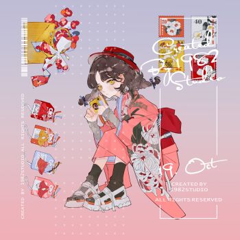 Rule 34 | 1girl, :/, artist name, bag, barcode, belt, black ribbon, black socks, boater hat, bow, braid, bright pupils, brown hair, camera, chinese commentary, chrysanthemum print, closed mouth, earrings, expressionless, floral print, floral print kimono, flower, full body, gradient background, grey arm warmers, grey background, hair ribbon, handbag, hat, hat belt, highres, holding, holding camera, japanese clothes, jewelry, kimono, knees up, long sleeves, looking at viewer, medium hair, nickel nike, obi, omamori, original, pink background, pink kimono, postage stamp, print kimono, red flower, red hat, red sash, ribbon, sandals, sash, sitting, socks, solo, stud earrings, swept bangs, twin braids, white belt, white bow, white pupils, white sandals, yellow eyes