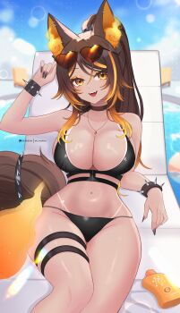 1girl absurdres aki_hoshino animal_ear_piercing animal_ears bikini black_bikini black_nails bracelet breasts brown_hair chair choker cleavage eyeshadow eyewear_on_head fangs fiery_ears fiery_tail fire heart heart-shaped_eyewear highres indie_virtual_youtuber jewelry large_breasts looking_at_viewer lotion lounge_chair makeup multicolored_hair navel necklace open_mouth orange_eyes orange_hair ponytail pool sinder_(vtuber) smile solo spiked_bracelet spikes streaked_hair sunglasses sunscreen swimsuit tail tan tanline thick_thighs thigh_strap thighs virtual_youtuber wolf_ears wolf_girl wolf_tail