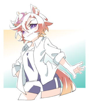 Rule 34 | 1girl, animal ears, beer hsk, blue one-piece swimsuit, brown hair, closed mouth, collared shirt, commentary request, cropped legs, crown, dress shirt, hair between eyes, horse ears, horse girl, horse tail, long sleeves, looking at viewer, mini crown, one-piece swimsuit, open clothes, open shirt, purple eyes, shirt, smile, solo, swimsuit, swimsuit under clothes, t.m. opera o (umamusume), tail, umamusume, white shirt