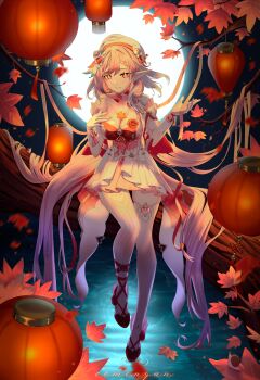 Rule 34 | 1girl, absurdres, beret, breasts, cleavage, cominyan, commentary, diamond-shaped pupils, diamond (shape), dress, earrings, elf, elysia (hi love elf) (honkai impact), elysia (honkai impact), english commentary, full moon, hat, heart, heart earrings, high heels, highres, honkai (series), honkai impact 3rd, jewelry, lantern, large breasts, long hair, looking at viewer, moon, multicolored dress, multicolored hair, night, paper lantern, pink dress, pink hair, pointy ears, purple eyes, red dress, sitting on branch, sky, sky lantern, smile, snail, solo, symbol-shaped pupils, thighhighs, two-tone hair, very long hair, water, white dress, white hair, white thighhighs