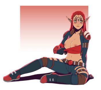 1girl absurdres ashelin_praxis border closed_mouth d-rex eyebrows eyelashes female_focus full_body gradient_background highres jak_and_daxter jak_ii lips long_pointy_ears looking_at_viewer pointy_ears pulling_own_clothes pulling_top red_hair simple_background solo tagme topless_female transparent_background