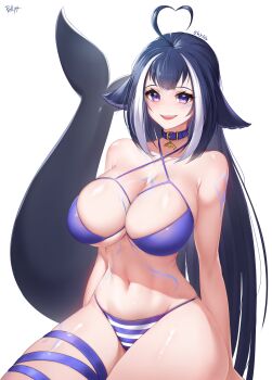 1girl absurdres ahoge animal_ears belt belt_collar bikini blue_belt blue_bikini blue_collar blue_hair body_markings breasts collar commentary cowboy_shot criss-cross_halter facial_mark fins fish_tail halterneck heart heart_ahoge highres indie_virtual_youtuber large_breasts long_hair looking_at_viewer multicolored_hair official_alternate_costume open_mouth orca_girl pellpt purple_eyes shylily shylily_(bikini) simple_background sitting smile solo streaked_hair swimsuit tail thighs virtual_youtuber white_background white_streaks