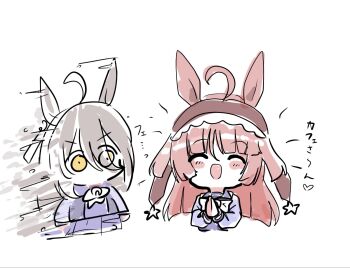 2girls :d ^_^ ahoge animal_ears black_hair blush_stickers bow brown_hair brown_hairband chibi closed_eyes commentary_request eyes_visible_through_hair hair_between_eyes hair_over_one_eye hairband highres horse_ears kawamochi_(kawauti919) manhattan_cafe_(umamusume) multicolored_hair multiple_girls open_mouth palms_together pleated_skirt purple_shirt purple_skirt red_desire_(umamusume) school_uniform shirt simple_background skirt smile star_(symbol) tracen_school_uniform translation_request two-tone_hair umamusume v-shaped_eyebrows white_background white_bow white_hair yellow_eyes