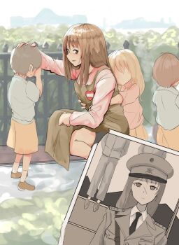 2boys 2girls apron blonde_hair brown_hair child epaulettes execution faceless fence germany_oneesan_(meme) hand_on_another&#039;s_head hanged hat heart highres kindergarten_teacher long_hair long_sleeves meme military military_hat military_uniform multiple_boys multiple_girls name_tag original outdoors peaked_cap photo_(object) red_eyes scar sideways_mouth squatting take_(trude1945oneetyan)