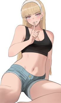 1girl blonde_hair blush breasts claire_volikova cleavage commentary denim denim_shorts earrings english_commentary finger_to_mouth hairband highres jewelry jourd4n long_hair looking_at_viewer medium_breasts midriff navel original pink_eyes shorts shushing simple_background sitting smile solo sports_bra teeth white_background white_hairband