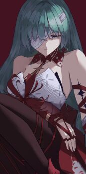 1girl absurdres arm_across_waist bandage_over_one_eye bare_shoulders black_pantyhose breasts closed_eyes closed_mouth commentary double_slash_(uphx3853) dress earrings facing_viewer grey_hair halter_dress halterneck highres jewelry large_breasts long_hair pantyhose phrolova_(wuthering_waves) red_background red_dress sitting solo tacet_mark_(wuthering_waves) wuthering_waves