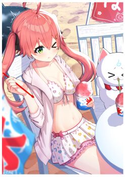 Rule 34 | > o, 1girl, 35p (sakura miko), absurdres, ahoge, beach, bikini, bikini skirt, blush, breasts, chair, cleavage, closed mouth, collarbone, commentary, creature, food, frilled bikini, frills, green eyes, hair between eyes, hair ornament, highres, holding, holding spoon, hololive, hololive summer 2022 swimsuit, jacket, long hair, medium breasts, navel, one eye closed, outdoors, pink bikini, pink hair, pink jacket, sakura miko, shaved ice, sitting, spoon, swimsuit, toketa (toketa15), twintails, untranslatable commentary, virtual youtuber