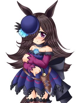 animal_ears back_bow belt black_bow black_collar blue_dress blue_flower blue_rose blush bow bowler_hat brown_belt brown_hair collar commentary detached_collar dress english_commentary flower hair_over_one_eye hat highres horse_ears horse_girl horse_tail lace lace-trimmed_thighhighs lace_trim long_hair long_sleeves nekotorine one_eye_covered parody purple_eyes rice_shower_(rosy_dreams)_(umamusume) rice_shower_(umamusume) rose ryukishi07_(style) simple_background standing style_parody tail thighhighs umamusume white_background