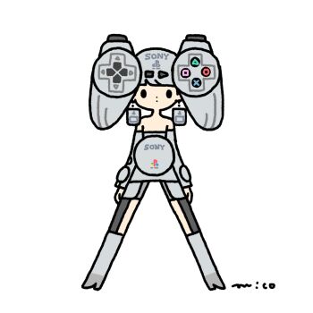 1girl arms_at_sides artist_name bare_shoulders black_eyes blunt_bangs boots closed_mouth commentary controller dot_mouth earrings expressionless full_body game_console game_controller garter_straps grey_boots grey_hair grey_shirt grey_shorts high_heel_boots high_heels highres jewelry legs_apart long_sleeves memory_card off-shoulder_shirt off_shoulder original parirobo pendant_earring personification playstation_1 playstation_controller playstation_logo push-button shirt shorts signature simple_background solid_circle_eyes solo sony standing strap thigh_boots white_background