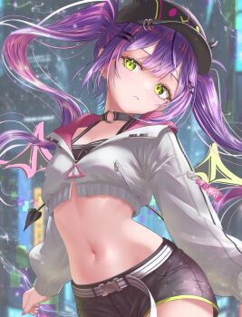 1girl baseball_cap belt bibi_(tokoyami_towa) black_choker black_hat black_shirt black_shorts choker commentary_request cowboy_shot crop_top cropped_jacket demon_tail ear_piercing green_eyes hair_ornament hairclip hat head_tilt highres hololive jacket long_hair long_sleeves looking_at_viewer midriff multicolored_hair nanaki24 navel navel_piercing o-ring o-ring_choker piercing pointy_ears purple_hair shirt short_shorts shorts sidelocks sleeveless sleeveless_shirt solo stomach streaked_hair tail tokoyami_towa twintails virtual_youtuber white_jacket