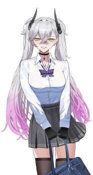 1girl absurdres bag black_skirt black_thighhighs breasts commentary demon_horns fate/grand_order fate_(series) gradient_hair green_eyes highres horns kaworu13 large_breasts lilith_(fate) long_hair multicolored_hair neck_tattoo pink_hair pleated_skirt school_bag shirt skirt smile solo symbol-only_commentary tattoo thighhighs twintails white_hair white_shirt