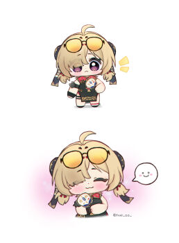 1girl :3 ahoge aura black_dress blonde_hair blush chibi chibi_only china_dress chinese_clothes closed_eyes closed_mouth clothing_cutout commentary cutout_above_navel dress eyewear_on_head fingerless_gloves full_body gloves hair_over_one_eye hand_fan highres holding holding_fan hue_oo looking_at_viewer notice_lines pelvic_curtain simple_background single_fingerless_glove solo spoken_expression sunglasses sweety_(zenless_zone_zero) thigh_strap tinted_eyewear tuanshan twitter_username upper_body white_background yellow-tinted_eyewear zenless_zone_zero