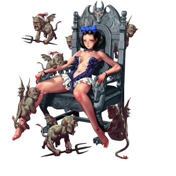 1girl artist_request bare_legs bare_shoulders barefoot black_hair blue_bow bow breasts center_opening closed_mouth collarbone crystal_maiden_(series) fork full_body game_cg hair_bow hat highres jon_snow_(crystal_maidens) looking_at_viewer navel official_art santa_hat sitting sitting_on_throne solo throne transparent_background variant_set