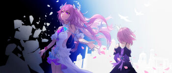 2girls absurdres bare_shoulders breasts coat commentary crystal_shards cyrene_(aedes_elysiae)_(honkai:_star_rail) cyrene_(honkai:_star_rail) cyrene_(ripples_of_past_reverie)_(honkai:_star_rail) dress dual_persona english_commentary falling_petals hair_ornament halo highres honkai:_star_rail honkai_(series) long_hair medium_breasts multiple_girls petals pink_hair purple_coat purple_eyes shibai_zhuyi_moushi short_hair very_long_hair white_dress