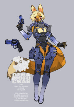 1girl animal_ears blonde_hair breasts cleavage commentary dekamofuchan english_commentary fingerless_gloves furry furry_female gloves grey_background gun handgun highres large_breasts original pink_eyes revolver science_fiction short_hair simple_background tail weapon