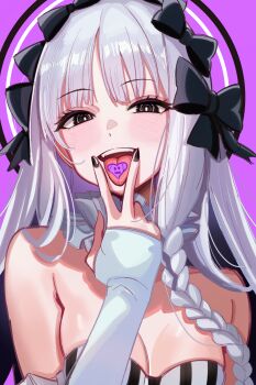 0nineo9 1girl absurdres bare_shoulders black_bow blush bow breasts cleavage collar colored_inner_hair commentary detached_sleeves dress fate/strange_fake fate_(series) francesca_prelati_(fate) frilled_collar frills hair_bow highres long_hair looking_at_viewer medium_breasts multicolored_hair open_mouth ringed_eyes smile solo striped_clothes striped_dress tongue tongue_out white_hair