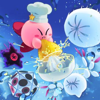 Rule 34 | :i, blue background, blush stickers, chef hat, closed eyes, cook kirby, dark nebula, extra eyes, food, fruit, halo, hat, hat ornament, highres, holding, holding food, holding fruit, juice, kirby, kirby (series), lemon, meme, miracle matter, nintendo, no humans, one-eyed, pink eyes, puckered face, star (symbol), star hat ornament, suyasuyabi, symbol-shaped pupils, thour (meme), twitter username, wings, x-shaped pupils, x x, zero (kirby), zero two (kirby)