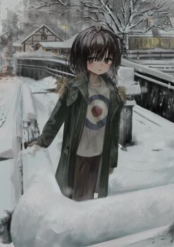 1girl absurdres bare_tree black_coat black_eyes black_hair black_pants bob_cut bright_pupils building coat commentary day eliot_(eokaitekaite969) expressionless hand_on_railing highres long_sleeves looking_at_viewer open_clothes open_coat original outdoors pants parted_lips print_shirt ramp scenery shirt short_hair snow solo t-shirt tree unzipped white_pupils white_shirt winter wispy_bangs