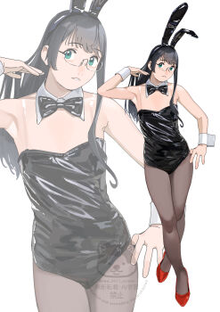 1girl absurdres alternate_costume animal_ears black_bow black_bowtie black_hair black_leotard bow bowtie commentary_request detached_collar fake_animal_ears glasses green_eyes highres kantai_collection leotard long_hair ojipon ooyodo_(kancolle) pantyhose playboy_bunny rabbit_ears red_shoes shoes simple_background standing white_background wrist_cuffs zoom_layer