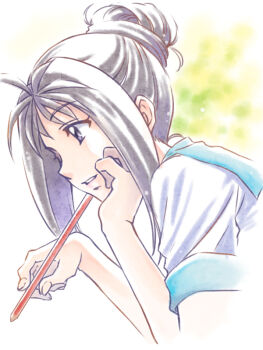 Rule 34 | 1girl, blurry, blurry background, colored pencil, commentary request, grey eyes, grey hair, hair bun, holding, holding pencil, katagiri ayako, nekomaru (nekohouse), pencil, school uniform, short sleeves, smile, tokimeki memorial, tokimeki memorial 1, upper body