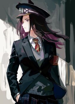 Rule 34 | 1girl, absurdres, animal ears, armband, black hair, black jacket, closed mouth, collared shirt, ears through headwear, fenomeno (umamusume), flipped hair, grey sweater vest, hat, highres, horse ears, horse girl, jacket, long hair, long sleeves, looking to the side, multicolored hair, necktie, peaked cap, plaid clothes, plaid skirt, purple eyes, purple hair, red armband, red necktie, shirt, skirt, sweater vest, umamusume, white shirt, yoojp