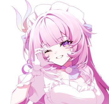 1girl ;) alternate_costume breasts commentary_request cyrene_(demiurge)_(honkai:_star_rail) cyrene_(honkai:_star_rail) diamond-shaped_pupils diamond_(shape) dress half-heart_hands hi_i_dubu honkai:_star_rail honkai_(series) korean_commentary large_breasts long_hair looking_at_viewer maid_headdress one_eye_closed pink_hair pointy_ears purple_eyes simple_background smile solo symbol-shaped_pupils upper_body very_long_hair white_dress