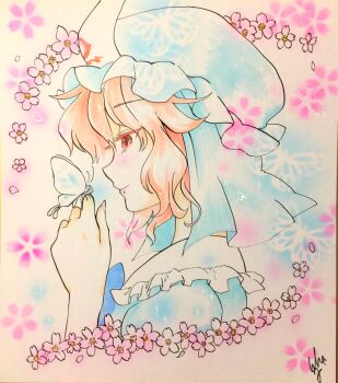 Rule 34 | 1girl, blue butterfly, blue hat, blue kimono, bug, butterfly, butterfly on hand, cherry blossoms, closed mouth, commentary request, flower, frilled kimono, frills, hat, highres, insect, japanese clothes, kimono, mob cap, pink eyes, pink flower, pink hair, saigyouji yuyuko, shikishi, signature, smile, solo, touhou, traditional media, triangular headpiece, yuzuha (yuzutime)