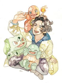 Rule 34 | 1boy, arm up, black hair, blue eyes, blue shirt, brown shoes, bulbasaur, charmander, closed eyes, coat, collarbone, colored skin, commentary request, fangs, fire, flame-tipped tail, gen 1 pokemon, highres, layered sleeves, male focus, nintendo, on shoulder, one eye closed, open mouth, orange skin, pants, parted hair, pokemon, pokemon (creature), pokemon on shoulder, pokemon xy, professor sycamore, red eyes, rikako oki, shirt, shoes, simple background, sitting, smile, squirtle, tail, white background, white coat