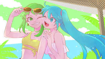 2girls blue_eyes blue_hair cheek-to-cheek commentary_request earrings eyelashes green_eyes green_sky grin gumi hatsune_miku heads_together jewelry long_hair midriff multiple_girls ocean one_eye_closed outdoors palm_tree shell shell_earrings shirt short_hair sky smile sunglasses tree vocaloid white_shirt yellow_shirt yuushi_(10yusi01)