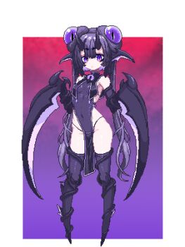 bare_shoulders black_hair blue_heater_2 dreadscythe extra_eyes eye_hair_ornament hair_bun highres horns no_feet no_hands non-web_source onatsurat pixel_art purple_eyes twintails