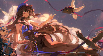 1girl arm_support bare_shoulders beret bird black_boots black_eyes black_hair black_pantyhose black_skirt blue_hat blue_shirt boots breasts closed_mouth commentary envelope evening hand_up happypuppy hat high-waist_skirt highres long_hair lying medium_breasts on_side orange_sky outdoors pantyhose parted_bangs reflection reflective_liquid shirt skirt sky smile solo tacet_mark_(wuthering_waves) white_bird wuthering_waves yangyang_(wuthering_waves)