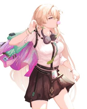 Rule 34 | 1girl, absurdres, arm up, black skirt, blonde hair, blowing bubble gum, breasts, chewing gum, commentary, headphones, headphones around neck, highres, holding, holding jacket, holding unworn clothes, id card, jacket, large breasts, long hair, looking at viewer, lynae (wuthering waves), purple eyes, shirt, shirt tucked in, simple background, sir lossamu, skirt, solo, unworn jacket, very long hair, white background, white shirt, wuthering waves