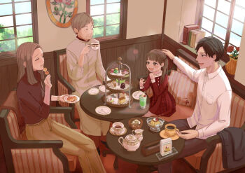 1boy 3girls arched_bangs black_hair book breast_pocket brown_eyes brown_hair brown_pants cake cake_slice chair cherry child closed_eyes closed_mouth collared_shirt commentary_request couch cup dress dress_shirt drink eating family flower food food_request forehead fruit grey_dress grey_hair hand_up holding holding_cup holding_food indoors long_hair long_sleeves medium_hair multiple_girls nekojan_jan old old_woman on_chair on_couch open_mouth original pants pillow plate pocket pudding red_dress red_flower red_rose red_sweater rose shelf shirt short_hair sitting slice_of_life smile spoon sweater table tea tea_party teacup tiered_tray turtleneck turtleneck_sweater twintails unworn_clothes vase very_short_hair white_shirt window