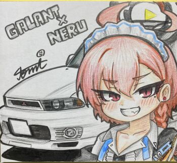 1girl absurdres ahoge black_halo blue_archive blush car commentary_request earrings grin halo highres jewelry mole mole_under_eye motor_vehicle neru_(blue_archive) parted_lips pink_eyes red_hair shikishi smile solo stud_earrings tomimon traditional_media vehicle_request white_car