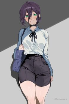 Rule 34 | 1girl, absurdres, bag, black choker, black shorts, breasts, chainsaw man, choker, collared shirt, green eyes, grin, hair between eyes, harutoyumaarts, highres, large breasts, long sleeves, purple hair, reze (chainsaw man), shirt, shorts, shoulder bag, smile, solo, white shirt