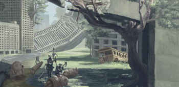 1boy 1girl 2b_(nier:automata) 9s_(nier:automata) absurdres black_dress black_gloves black_hairband black_thighhighs blindfold boots breasts building bus carrying cityscape clothing_cutout covered_eyes cruel_oath day dress feather-trimmed_sleeves feather_trim gloves hairband highres holding inspecting juliet_sleeves long_sleeves mechanical_arms motor_vehicle nier:automata nier_(series) nukakarubepu overgrown pod_(nier:automata) puffy_sleeves robot robot_parts ruins scenery shadow short_hair shorts single_mechanical_arm sky skyscraper squatting standing thighhighs thighhighs_under_boots tree virtuous_contract virtuous_treaty weapon white_hair