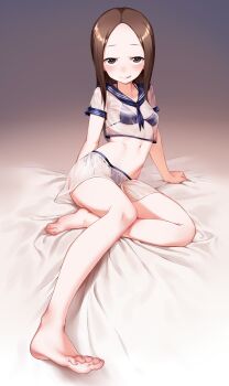 1girl babu barefoot bikini blue_bikini blush breasts brown_eyes brown_hair closed_mouth feet full_body highres karakai_jouzu_no_takagi-san loli long_hair looking_at_viewer navel parted_bangs school_uniform see-through_clothes see-through_shirt see-through_skirt serafuku shirt sitting skirt small_breasts smile solo swimsuit takagi-san underwear x-ray