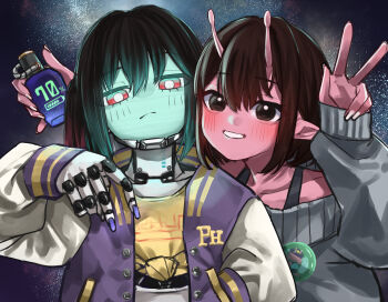 2girls absurdres alien android antennae black_hair blue_shorts brown_hair colored_skin commentary_request denim denim_shorts grey_sweater highres jacket kujo_chiharu kurusu_makina_(milky_galactic_universe) letterman_jacket looking_at_viewer milky_subway multiple_girls off-shoulder_sweater off_shoulder pink_eyes pointy_ears purple_jacket red_eyes red_skin short_hair shorts sweater yozakurayuyu