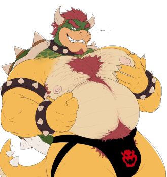 Rule 34 | 1boy, armlet, armpit hair, bara, bare pectorals, beard, belly, biceps, black male underwear, bowser, bracelet, bulge, chest hair, claws, collar, commentary, english commentary, english text, facial hair, fat, fat man, furry, furry male, grin, hand on own chest, highres, horns, jewelry, jockstrap, looking at viewer, male underwear, mario (series), muscular, muscular male, navel, nintendo, nipples, notiluvsgm, one eye closed, pectorals, pubic hair, pubic hair peek, red hair, smile, spiked armlet, spiked bracelet, spiked collar, spiked shell, spiked tail, spikes, stomach hair, tail, underwear, white background