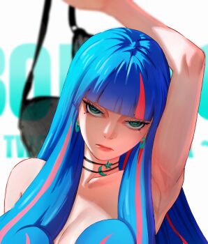 1girl ada_(naruto) alternate_breast_size_(larger) arm_up armpits black_bra blue_eyes blue_hair blunt_bangs boruto:_two_blue_vortex bra breasts choker cleavage commentary drawink earrings frown hair_over_breasts highres holding holding_bra holding_underwear holding_unworn_clothes jewelry large_breasts long_hair mole mole_under_each_eye mole_under_eye multiple_moles naruto_(series) pink_hair solo underwear upper_body