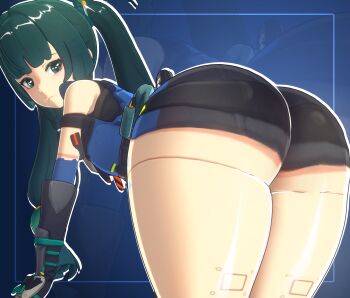 1girl 3d arm_support ass ass_focus bent_over black_shorts blue_background blue_jacket blue_trim blunt_bangs breasts embarrassed female_focus foreshortening green_eyes green_hair highres huge_ass jacket loli long_hair looking_at_viewer looking_back mechanical_legs police police_uniform qingyi_(zenless_zone_zero) robot_girl sala3d shorts simple_background small_breasts thick_thighs thighs twintails undershirt zenless_zone_zero zoom_layer