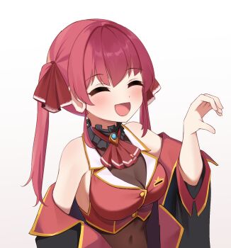 1girl ascot bare_shoulders black_choker blush breasts brown_leotard cet_(hajisirazunoko) choker closed_eyes coat covered_navel heart heart_hands highres hololive houshou_marine houshou_marine_(1st_costume) large_breasts leotard long_hair long_sleeves open_mouth red_ascot red_coat red_hair red_vest simple_background smile solo twintails vest virtual_youtuber white_background