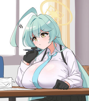 1girl ahoge black_gloves black_skirt blue_archive blue_necktie blush breast_rest breasts collared_shirt desk gloves green_eyes halo highres holding holding_pen huge_ahoge large_breasts long_hair loose_necktie necktie overall_skirt paper_stack pen pleated_skirt school_desk shirt skirt solo very_long_hair white_shirt yellow_eyes yume_(blue_archive) yuuichi_(reductionblack)