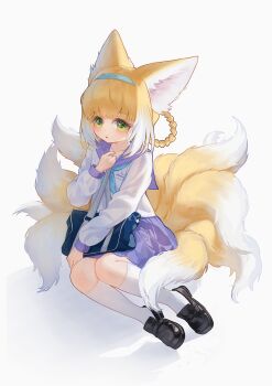 1girl absurdres alternate_costume animal_ears arknights bag blonde_hair chinese_commentary commentary_request fox_ears fox_girl fox_tail green_eyes hairband highres long_sleeves multiple_tails rimu_(pixiv83916925) sailor_collar school_uniform serafuku shirt shoes skirt socks solo suzuran_(arknights) tail white_hair white_shirt white_socks