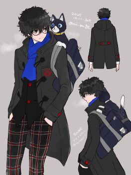 1boy amamiya_ren animal animal_on_shoulder black-framed_eyewear black_coat black_eyes black_hair blue_scarf cat checkered_clothes checkered_pants coat feet_out_of_frame from_behind from_side glasses grey_background hands_in_pockets highres male_focus messy_hair morgana_(cat)_(persona_5) morgana_(persona_5) oui_zen pants persona persona_5 profile scarf school_uniform short_hair shuujin_academy_school_uniform simple_background translation_request tuxedo_cat
