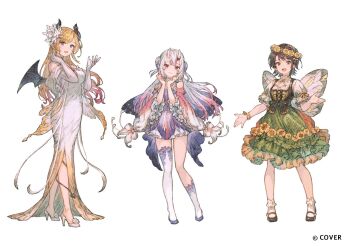 3girls :d aqua_eyes asymmetrical_legwear blonde_hair blue_eyes bodice brown_hair center-flap_bangs closed_mouth commentary_request copyright_notice demon_girl demon_horns demon_tail demon_wings detached_sleeves double_bun dress elbow_gloves fairy fairy_wings flower flower_wreath frilled_skirt frills full_body gloves gradient_hair green_skirt grey_hair hair_between_horns hair_bun hair_flower hair_ornament hands_up high_heels hololive horn_ornament horn_ring horns kneehighs long_dress long_hair looking_at_viewer maeka_(kumaekake) mary_janes multicolored_hair multiple_girls nakiri_ayame official_art oni oozora_subaru open_mouth pink_hair pink_sleeves pointy_ears puffy_short_sleeves puffy_sleeves purple_dress red_eyes red_hair shirt shoes short_dress short_hair short_sleeves simple_background single_kneehigh single_sock single_thighhigh skin-covered_horns skirt smile socks streaked_hair swept_bangs tail thighhighs two_side_up uneven_legwear virtual_youtuber white_background white_dress white_gloves white_shirt white_socks white_thighhighs wide_sleeves wings yellow_flower yuzuki_choco