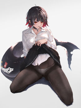 1girl absurdres black_hair black_pantyhose black_skirt blush breasts button_gap candy choker clothes_lift collared_shirt colored_inner_hair commentary crotch_seam ellen_joe ellen_joe_(on_campus) fins fish_tail food food_in_mouth highres kneeling large_breasts lollipop long_sleeves looking_at_viewer mole mole_under_eye multicolored_hair panties panties_under_pantyhose pantyhose red_eyes red_hair revision shark_girl shark_tail shirt short_hair skirt skirt_lift solo tail thighs two-tone_hair underwear white_panties white_shirt yu_pian zenless_zone_zero