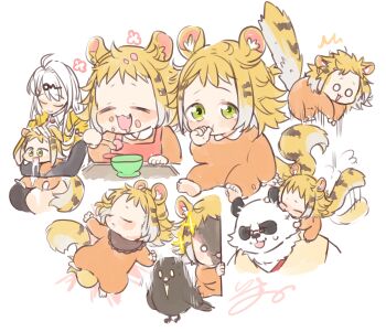1boy 1other 2girls absurdres afterimage aged_down ahoge animal_ear_fluff animal_ears barefoot bird black_bird blonde_hair bowl child closed_eyes closed_mouth commentary_request eating elbow_gloves fang furry furry_male gloves green_eyes hair_ornament hairpin headpat highres holding holding_spoon isuka jacket ju_fufu looking_at_another looking_at_viewer lying motion_lines multicolored_fur multiple_girls multiple_views on_back onesie open_mouth pan_yinhu panda_boy panda_ears round_eyewear signature single_elbow_glove sitting spoon standing_on_another&#039;s_shoulders striped_fur striped_hair table tail thumb_sucking tiger_ears tiger_girl tiger_stripes tiger_tail trembling white_background white_fur white_hair yellow_jacket yixuan_(zenless_zone_zero) zenless_zone_zero