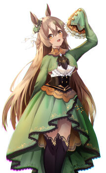 1girl :d absurdres animal_ears arm_up ascot black_ascot black_thighhighs breasts brown_eyes brown_hair commentary_request dress ear_ornament frilled_sleeves frills green_dress highres horse_ears horse_girl kaeremu long_hair long_sleeves looking_at_viewer open_mouth satono_diamond_(natural_brilliance)_(umamusume) satono_diamond_(umamusume) simple_background sleeves_past_fingers sleeves_past_wrists smile solo thighhighs umamusume very_long_hair white_background